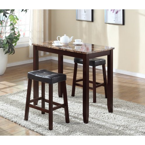 espresso glossy print marble breakfast table set 3 piece counter height with stools by fcj dining room furniture