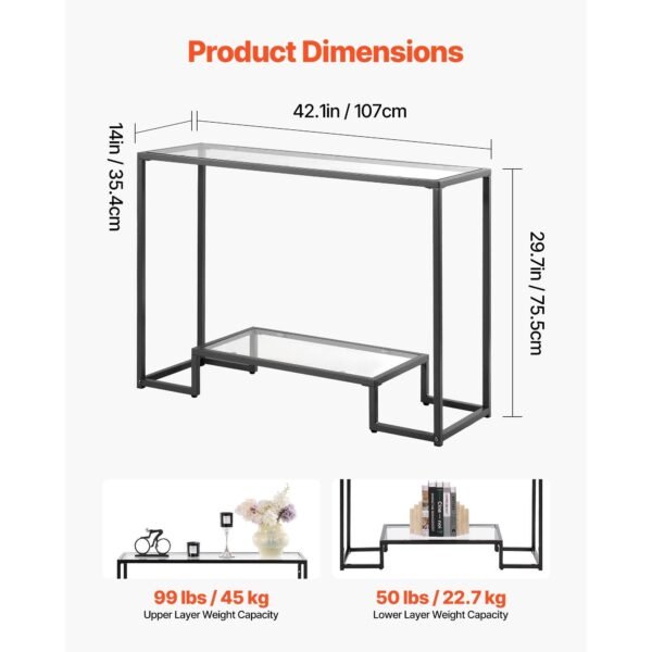 modern 2 tier glass console table golden iron legs anti tip device black rectangle sofa side desk for living room entryway foyer