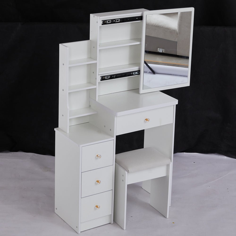 29.2" small space left bedside cabinet vanity table + cushioned stool, extra large right sliding mirror
