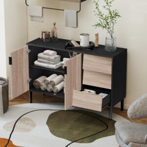 storage cabinet with 3 drawers, 2 doors sideboard buffet cabinet, mid century accent cabinets with adjustable shelf