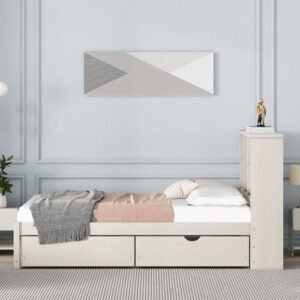 fcj modern twin size bed frame white washed color with led lights built in usb port bookcase headboard 2 drawers storage bed