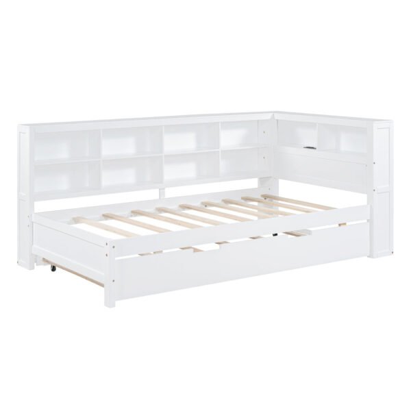 wooden twin size daybed with twin trundle, daybed with storage shelf and usb charging ports,white