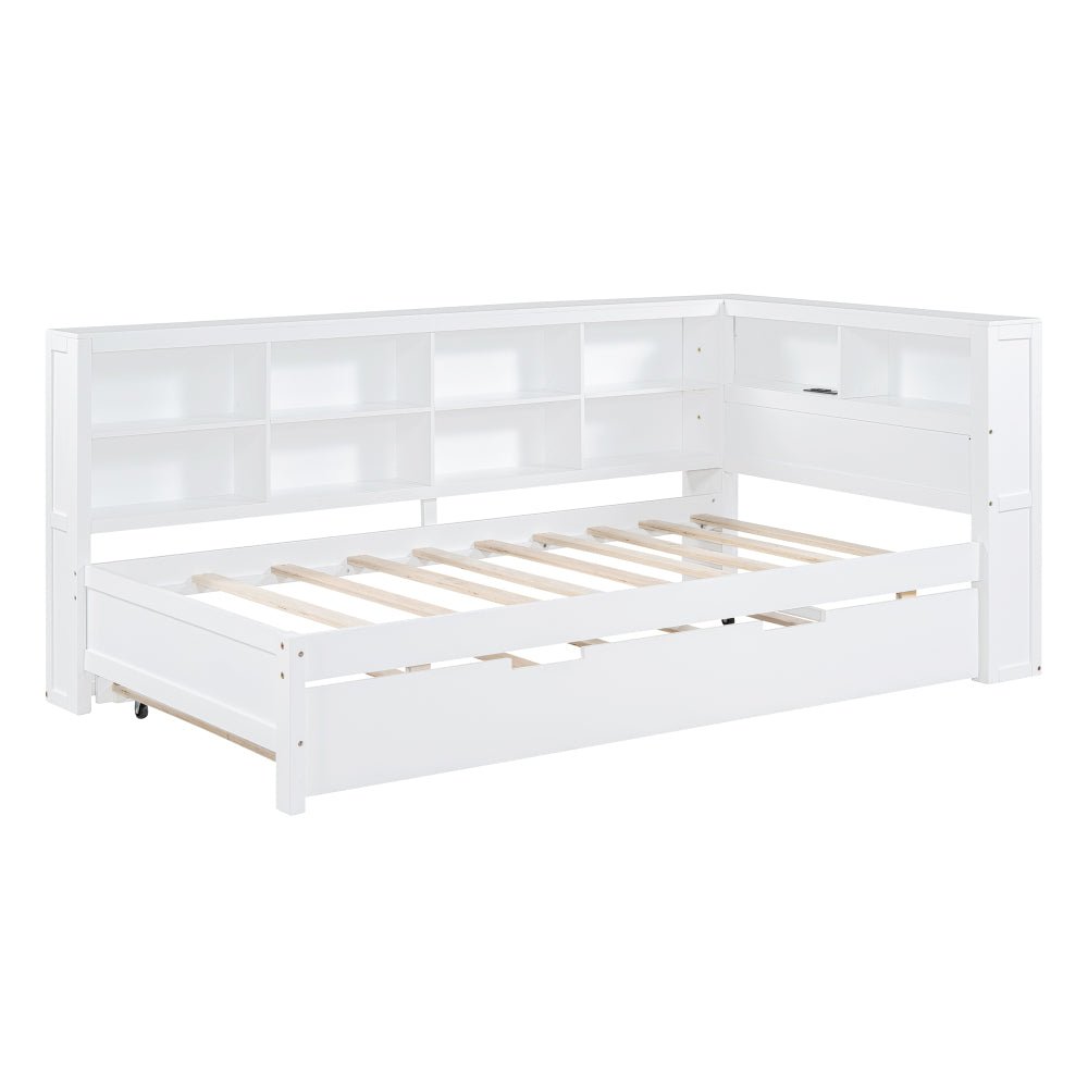 wooden twin size daybed with twin trundle, daybed with storage shelf and usb charging ports,white