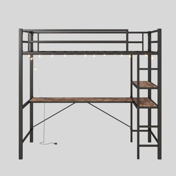 twin size loft bed with l shaped desk and shelves, charging station, led lights, safety guard & ladder, space saving