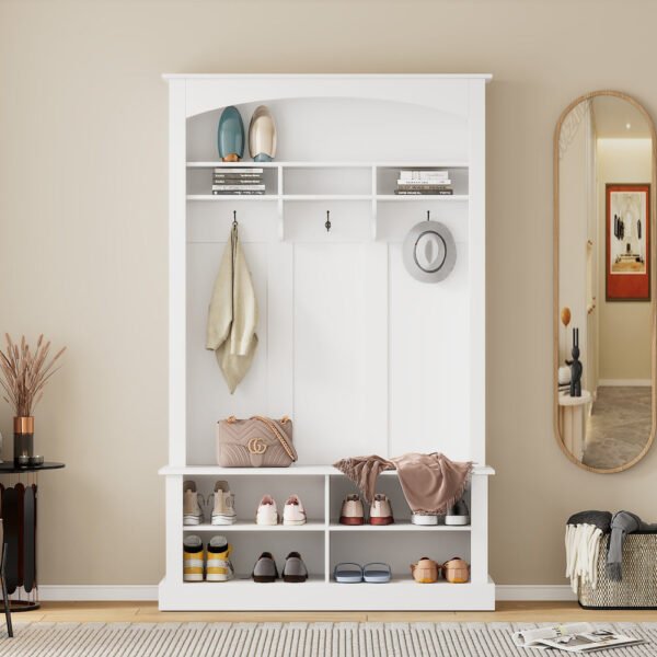 47.2'' wide hall tree with bench and shoe storage, multi functional storage bench with 3 hanging hooks & open storage space