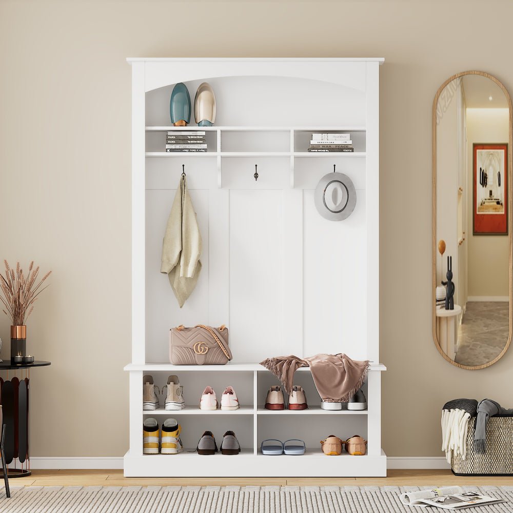47.2'' wide hall tree with bench and shoe storage, multi functional storage bench with 3 hanging hooks & open storage space