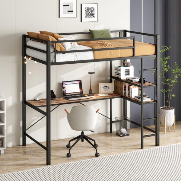 twin size loft bed with l shaped desk and shelves, charging station, led lights, safety guard & ladder, space saving
