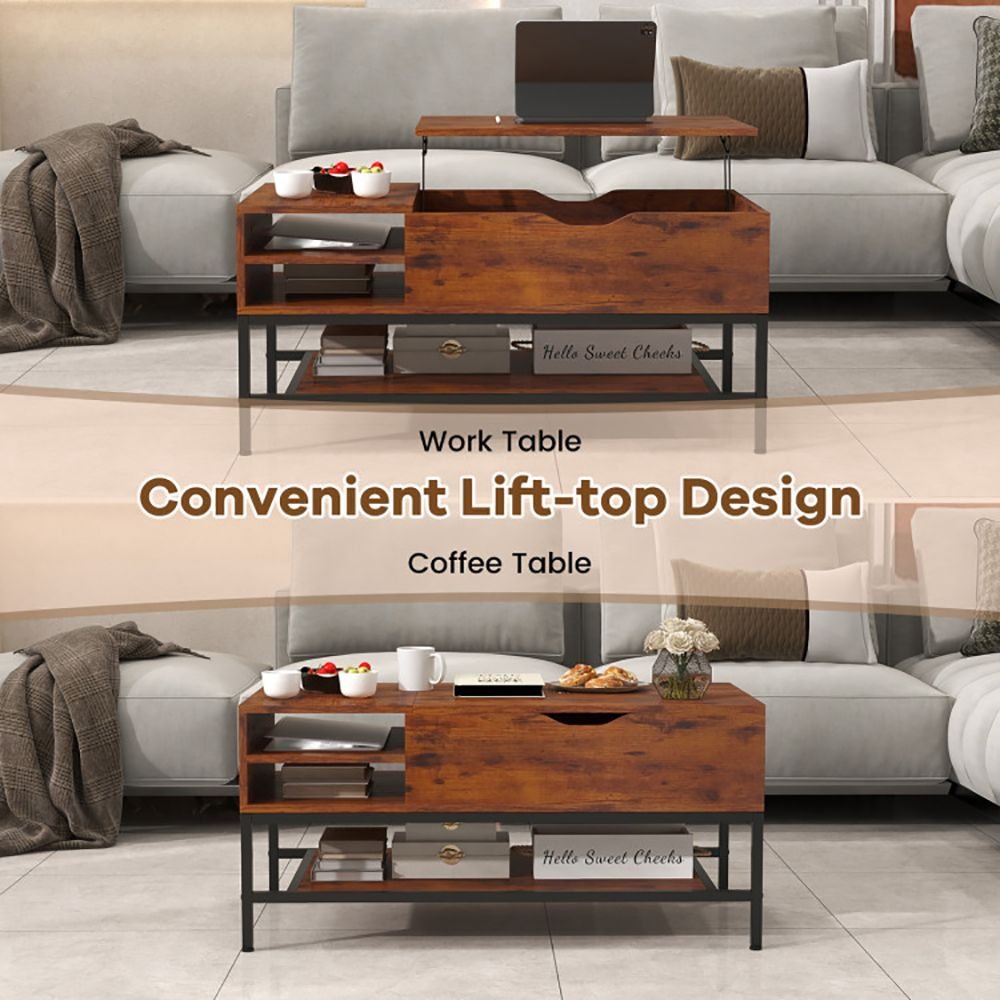 1pc lift top coffee table with hidden compartment and removable storage shelf