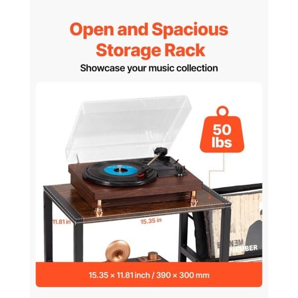 3 tiers black metal record player stand with led light & usb ports vinyl cd racks