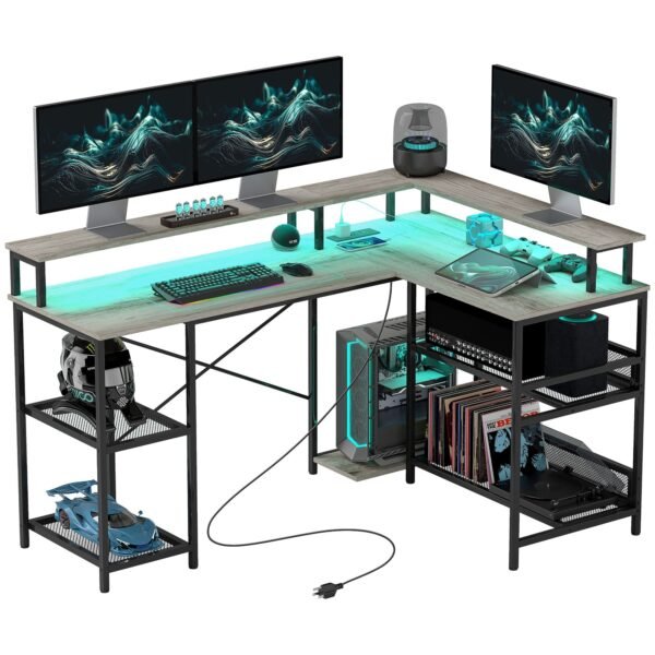 59" gray l shaped desk for home office for small spaces with led lights power outlets storage for gaming