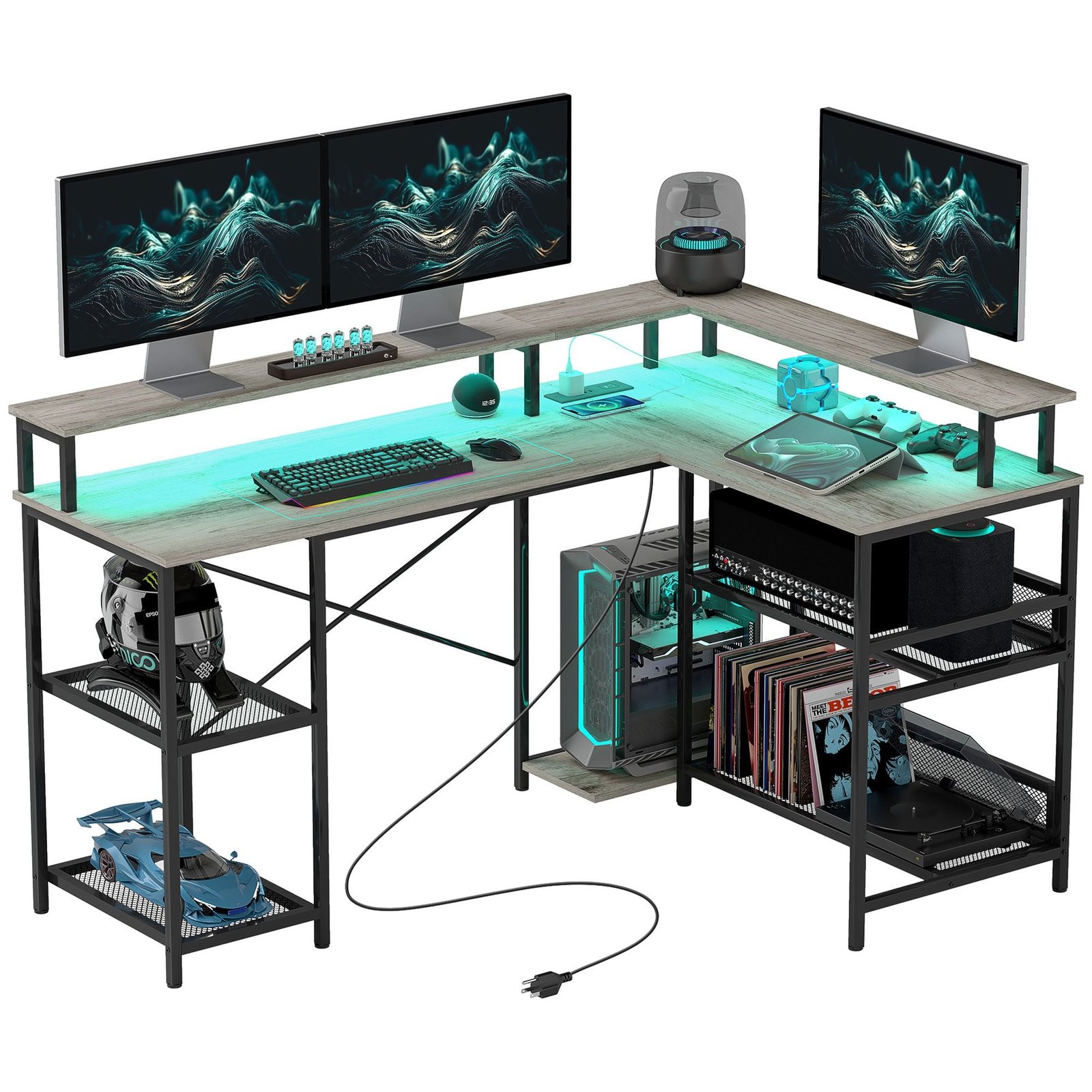 59" gray l shaped desk for home office for small spaces with led lights power outlets storage for gaming