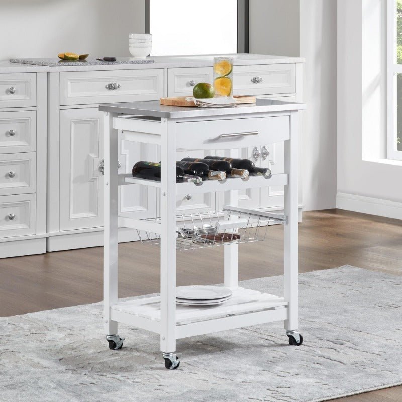 mobile rolling kitchen island trolley serving cart with underneath drawer & slide out wire storage basket