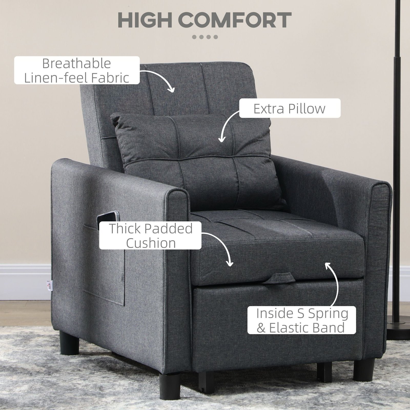 3 in 1 gray sofa bed with pillow pockets adjustable backrest foldable lounge chairs three position feature