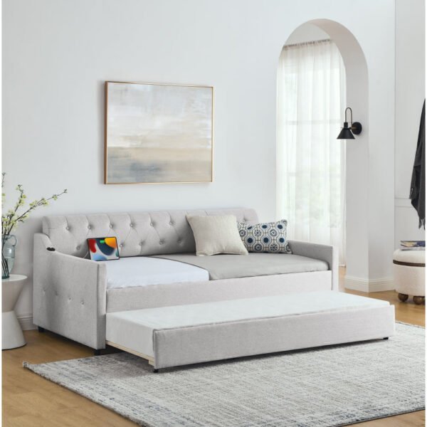 twin size upholstery daybed with twin size erectable trundle and usb charging design