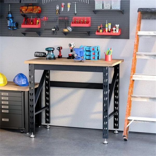 adjustable 45" garage workbench with wood tabletop as a tool table or computer desk