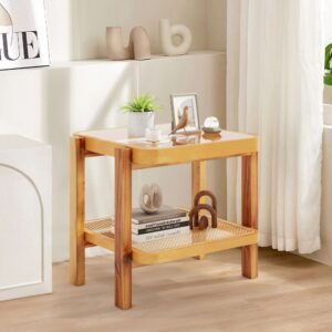 2 tier rattan end side table with tempered glass top and acacia wood legs for living room furniture