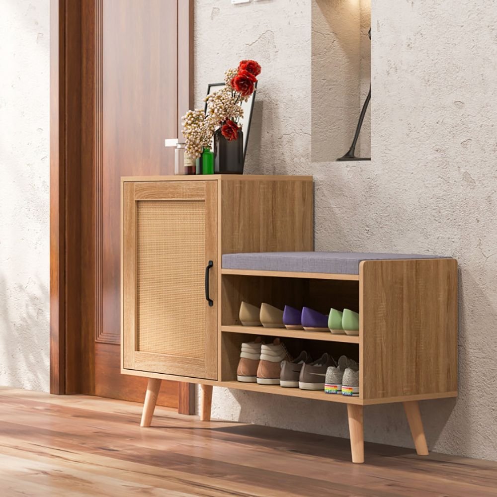 2 in 1 rattan shoe cabinet with washable cushion bench shoe rack with convenient storage bench