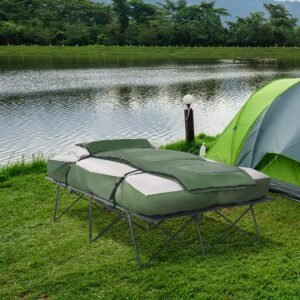 compact portable 2 person camping cot with sleeping bag air mattress pillows for fishing and hiking