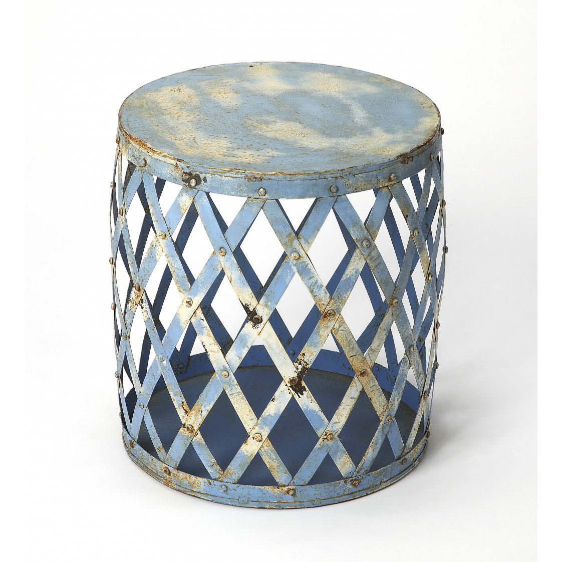 17" rustic blue iron lattice round top end table hms living room furniture