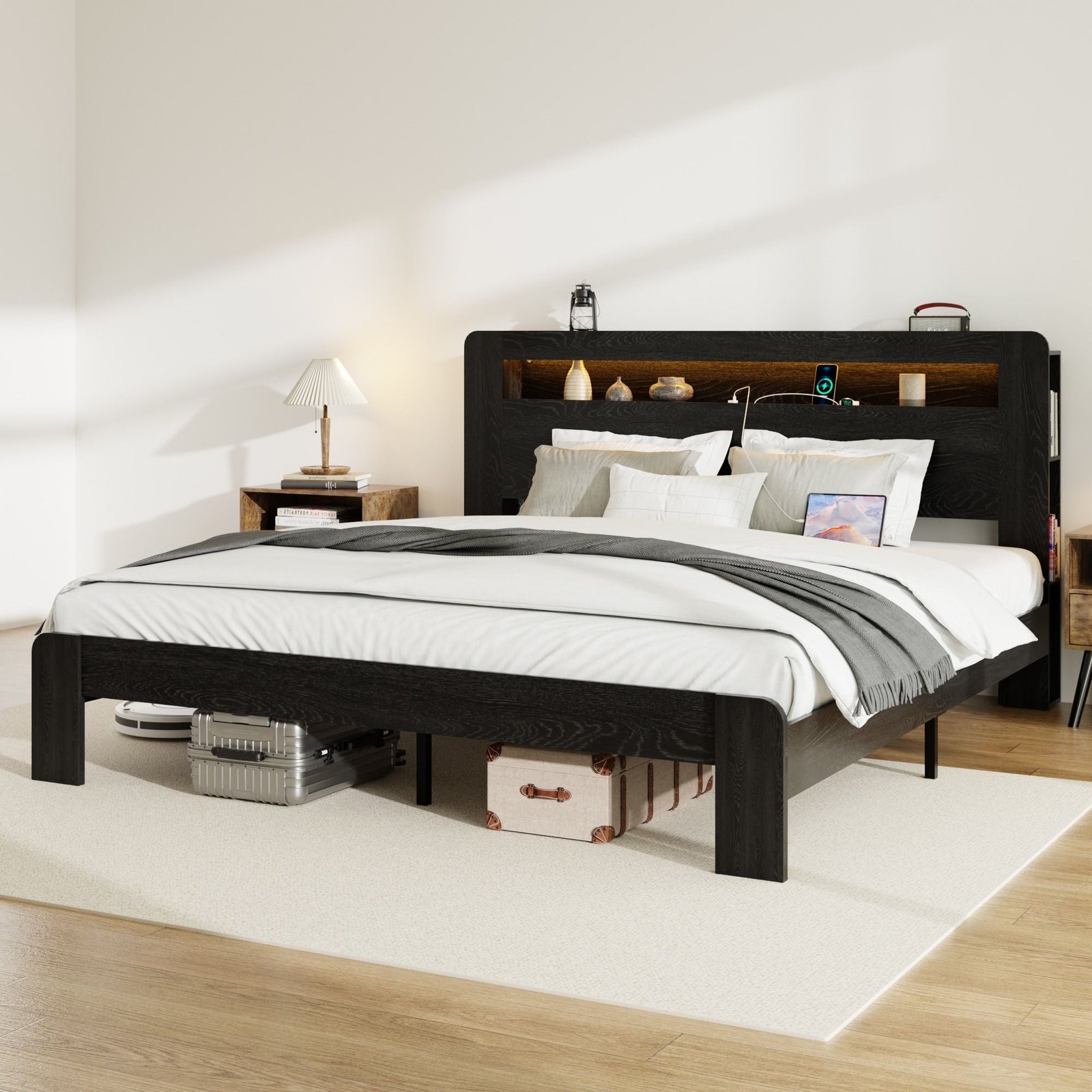 dark black king size wood platform bed frame led headboard noise free 2 usb storage no box spring needed easy assembly tool