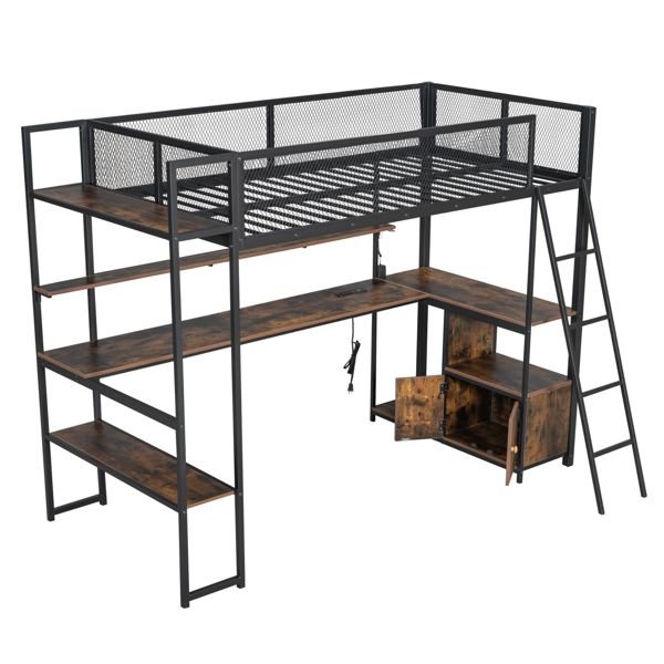 black twin size metal loft bed with built in work station & led multiple storage features