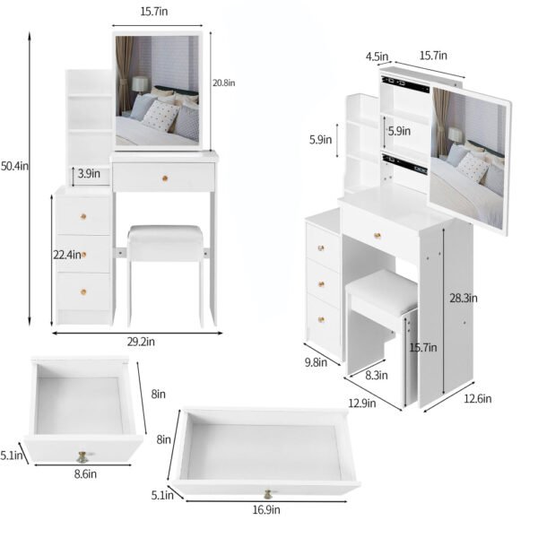 29.2" small space left bedside cabinet vanity table + cushioned stool, extra large right sliding mirror