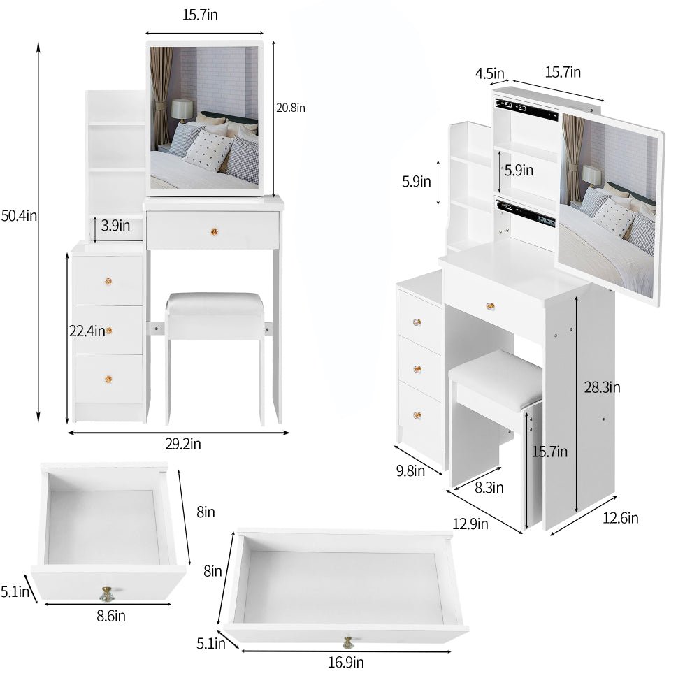 29.2" small space left bedside cabinet vanity table + cushioned stool, extra large right sliding mirror