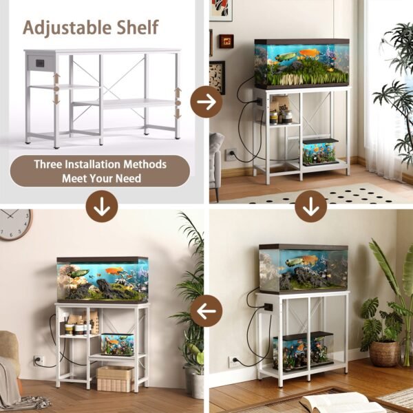 0 29 gallon fish tank stand with power outlet & led light, metal aquarium stand with 3 tier adjustable storage shelves, white
