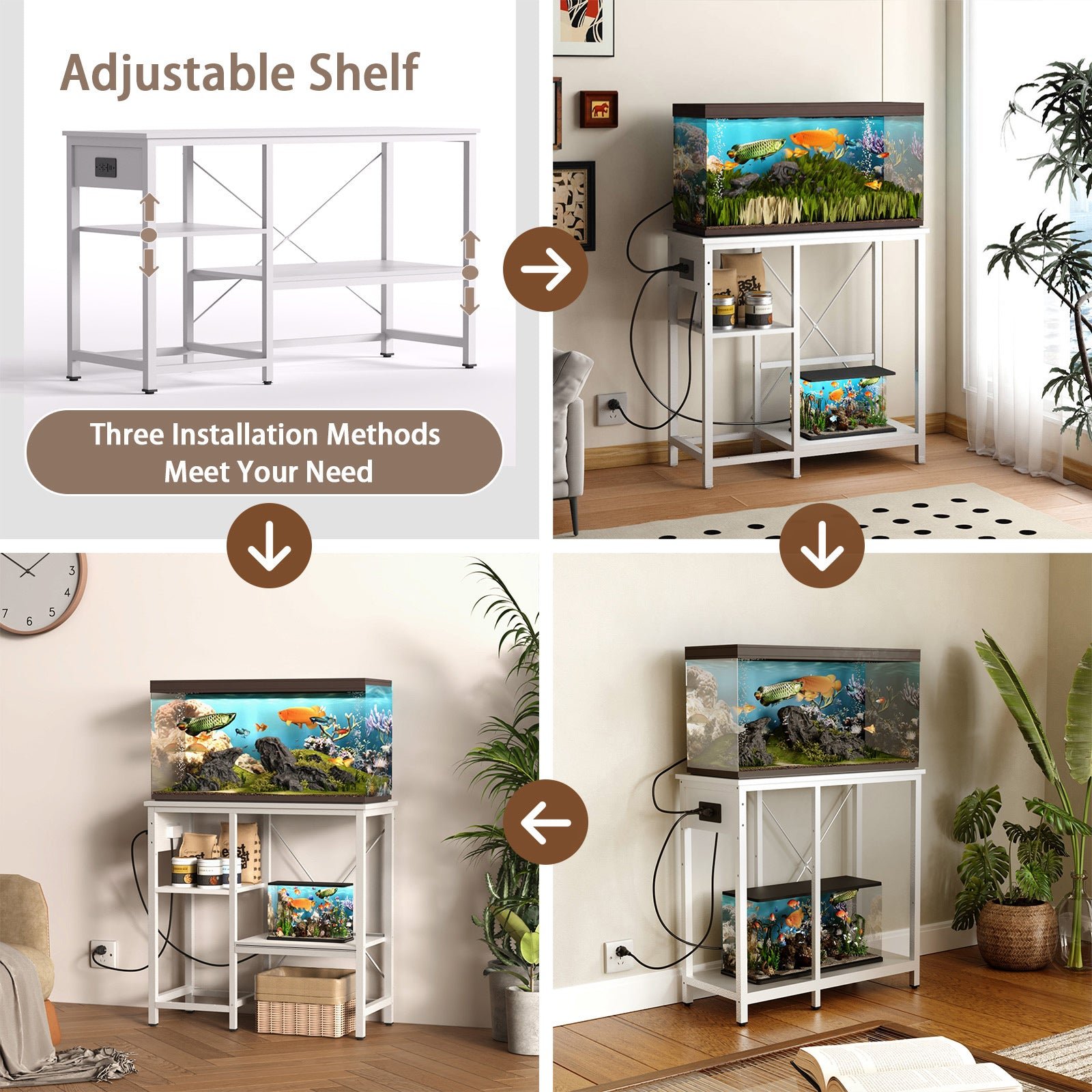 0 29 gallon fish tank stand with power outlet & led light, metal aquarium stand with 3 tier adjustable storage shelves, white