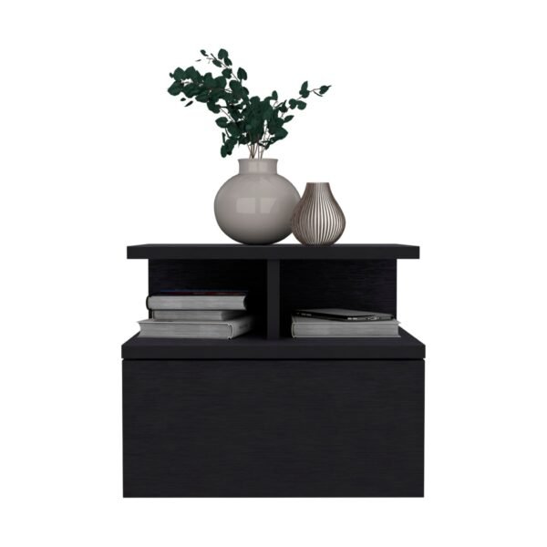 12" black teak solid wood one drawer floating nightstand modern luxury minimalist design foldable for apartment or home use