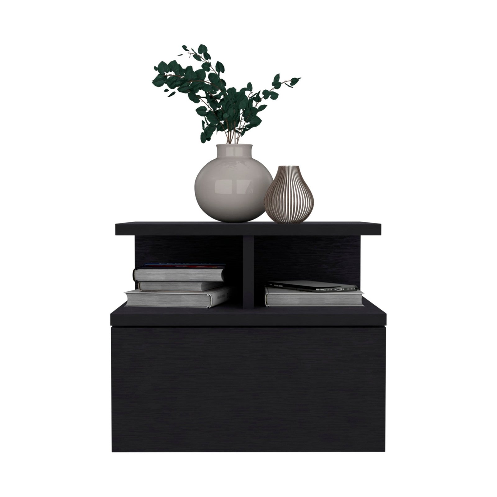 12" black teak solid wood one drawer floating nightstand modern luxury minimalist design foldable for apartment or home use