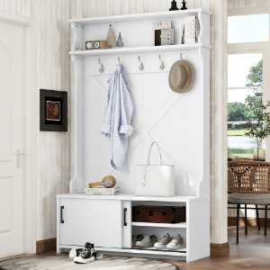 fcj hall tree coat rack with 5 hanging hooks and top shelf storage bench sliding door shoe cabinet for entryway or hallway
