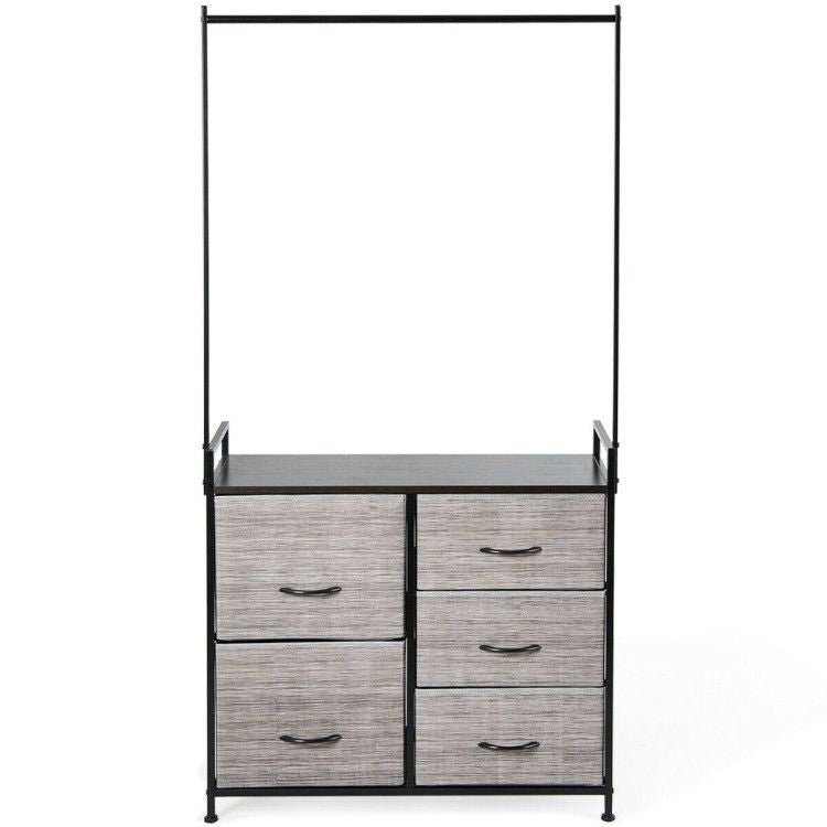 5 fabric drawers dresser with metal frame and wooden top