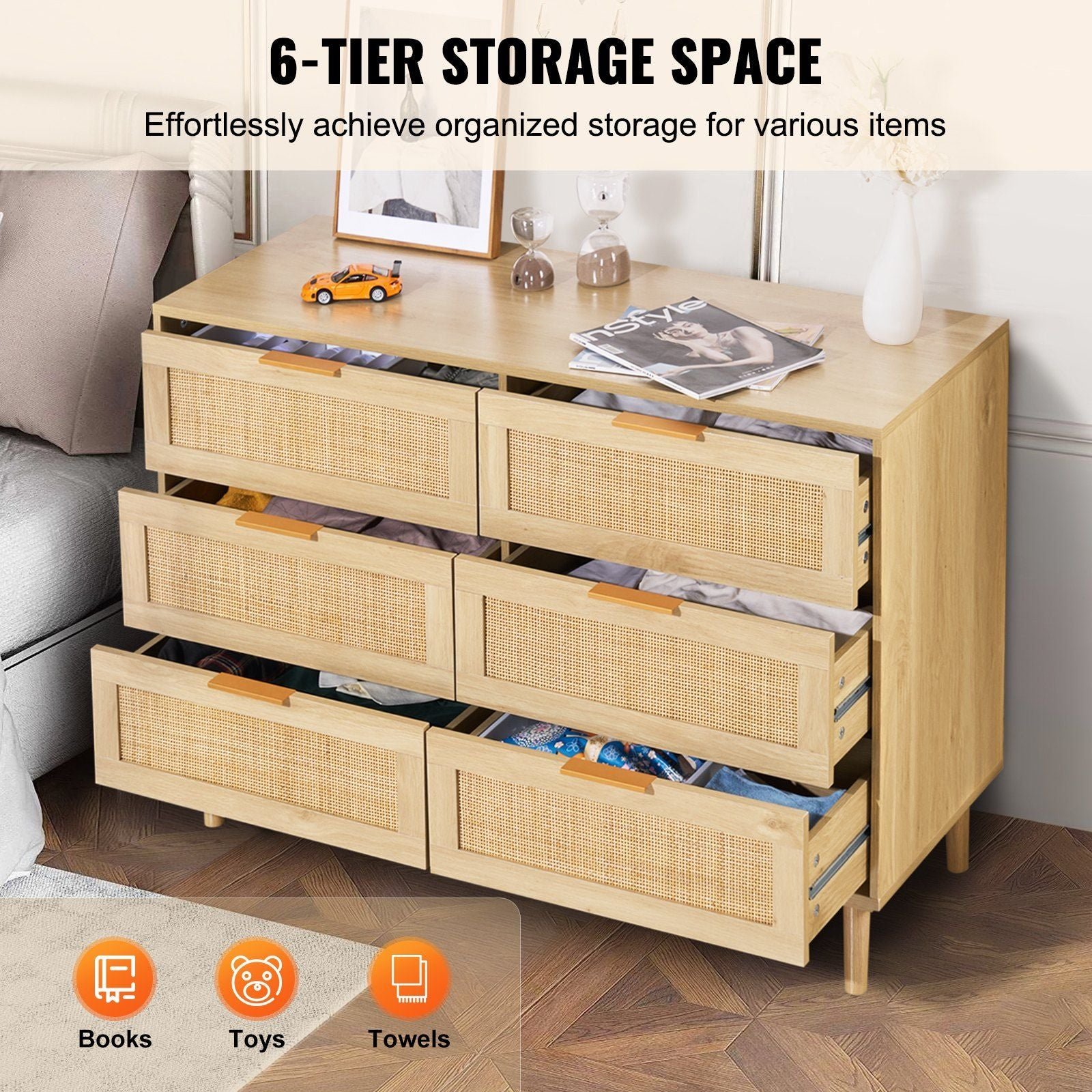 7 drawer boho dresser natural wood rattan chest drawers spacious storage for bedroom living room nightstand sturdy handles legs