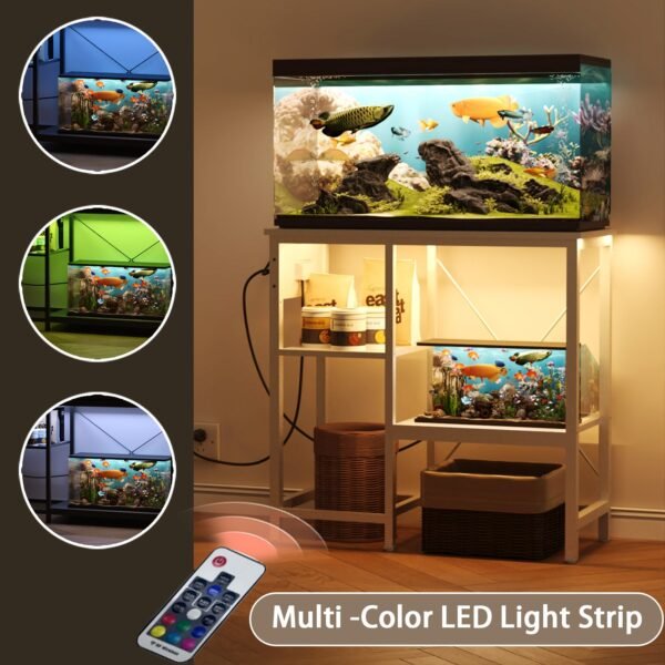0 29 gallon fish tank stand with power outlet & led light, metal aquarium stand with 3 tier adjustable storage shelves, white