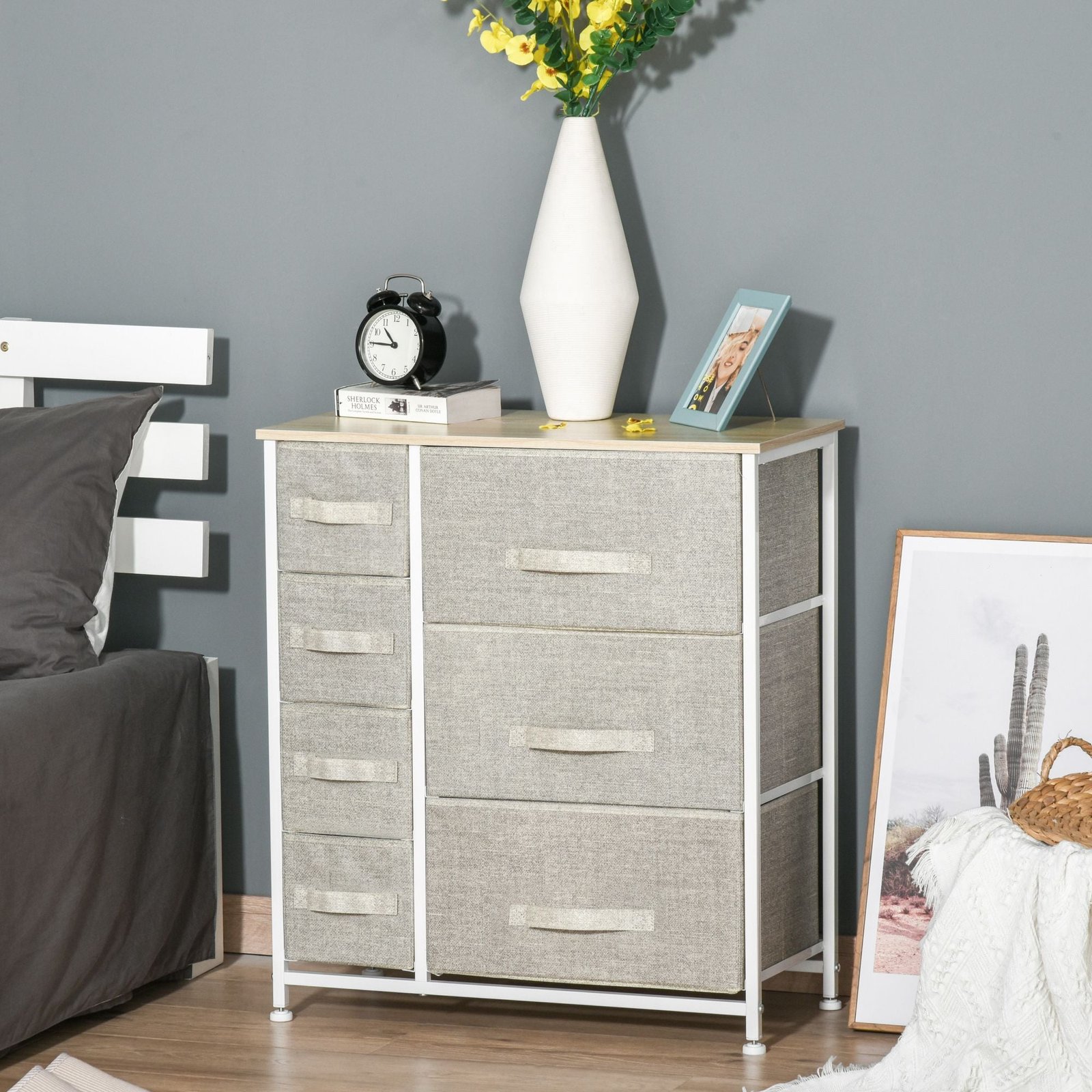 7 drawer gray fabric dresser with easy pull bins metal frame for convenient bedroom storage