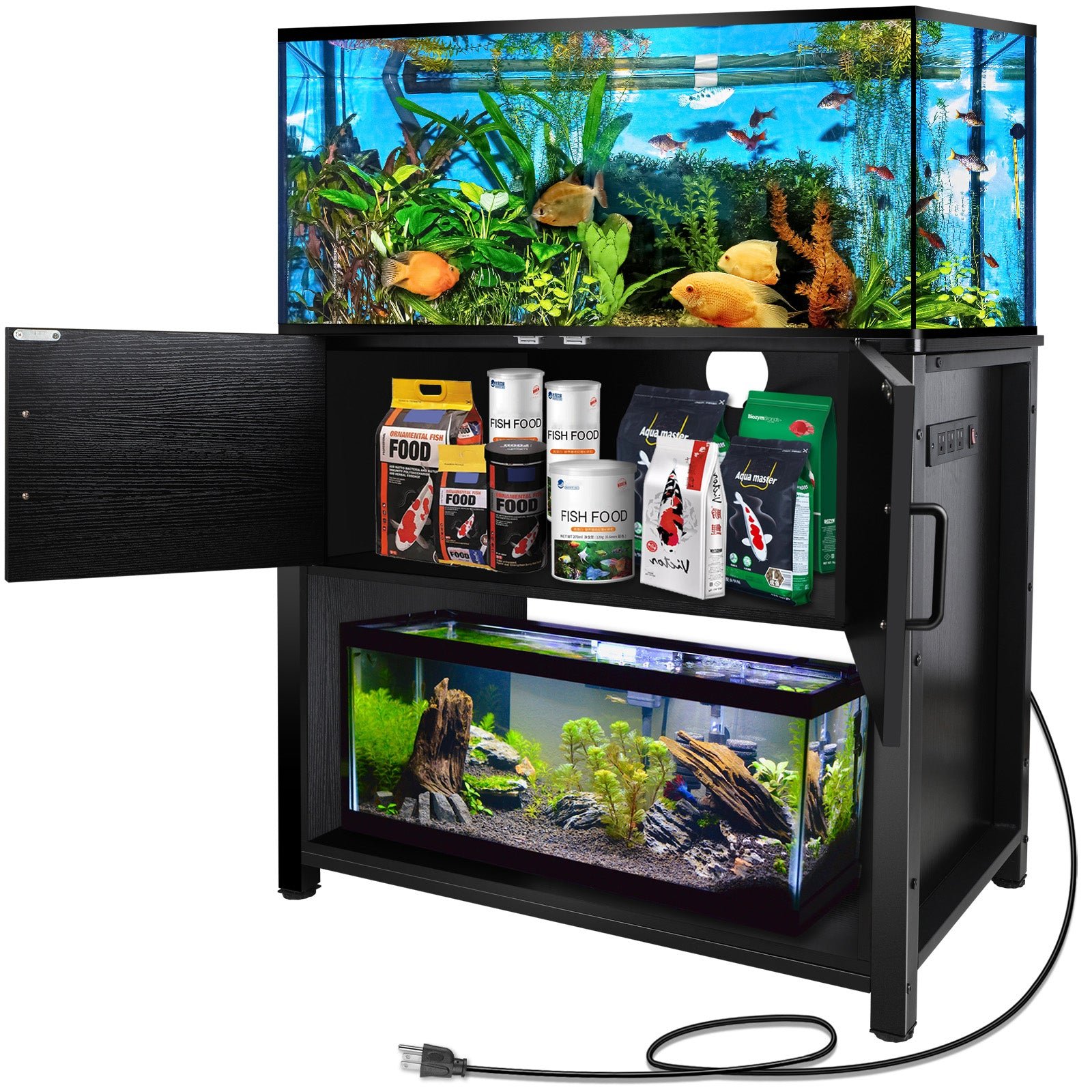 40 gallon tank stand with cabinet and power outlets, heavy duty metal aquarium stand for 40 50 gallon breeder tank, black