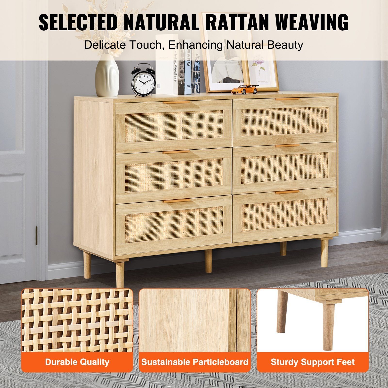 7 drawer boho dresser natural wood rattan chest drawers spacious storage for bedroom living room nightstand sturdy handles legs
