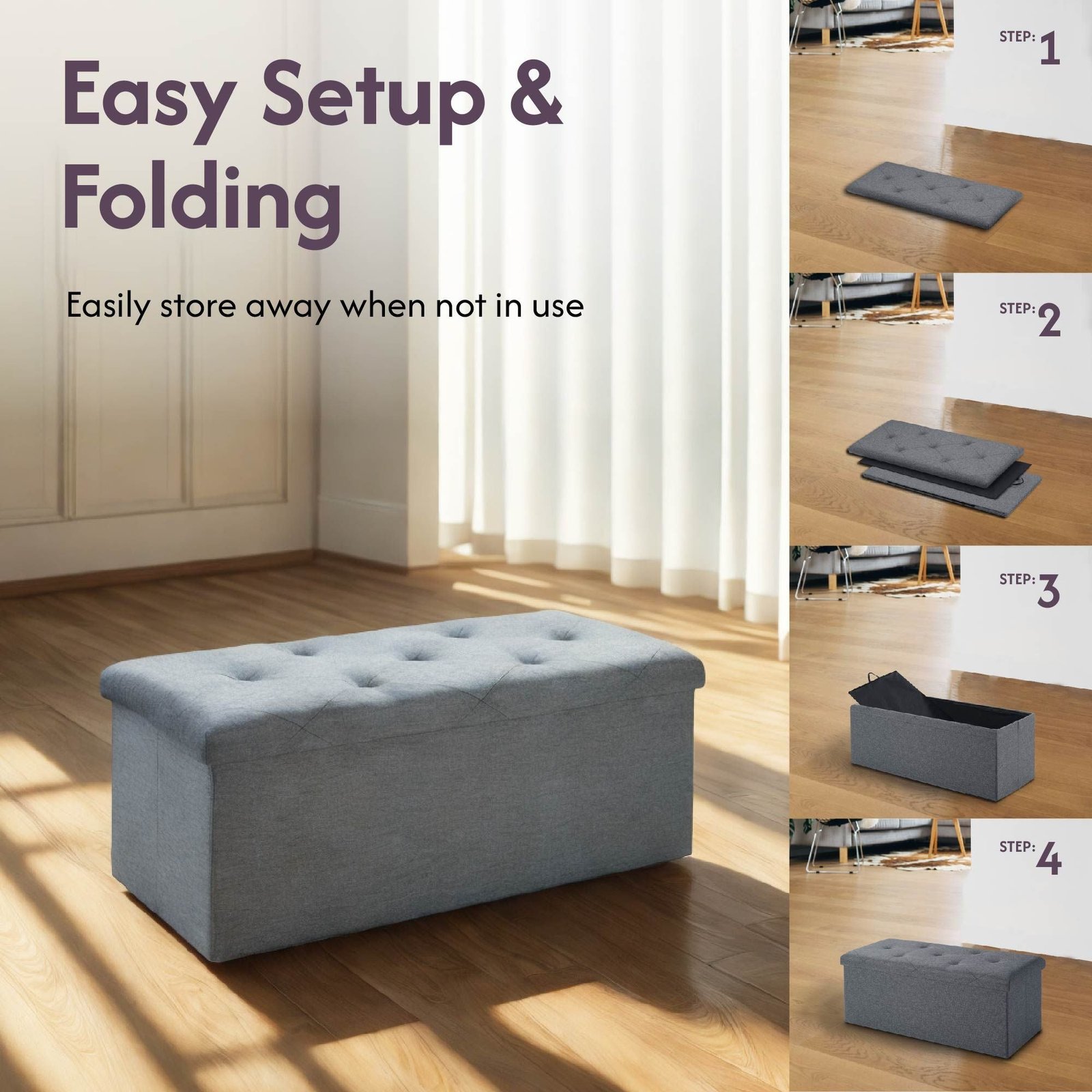 30 inches gray folding storage ottoman bench for foot rest & end bed storage chic chest design for living room bedroom entryway