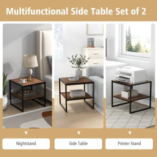 2 piece industrial style 2 tier side table set with open shelf for living room furniture