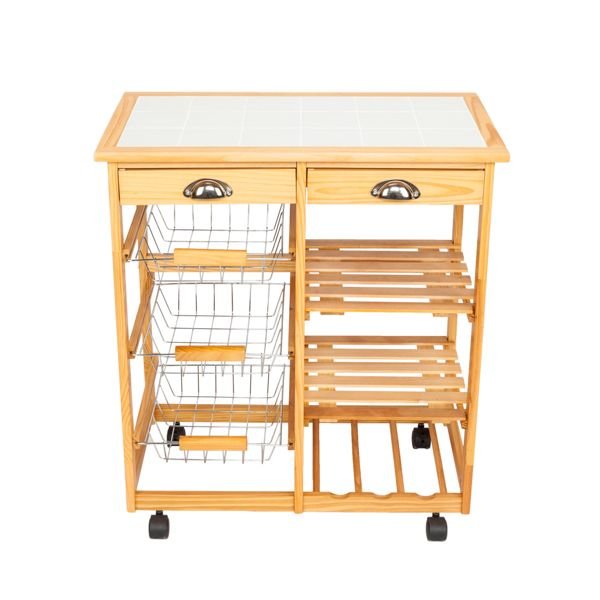 2 drawer wood color kitchen & dining room cart with rolling wheels removable storage rack for islands & carts
