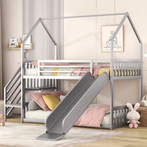 twin over twin metal bunk bed house bed with slide and staircase