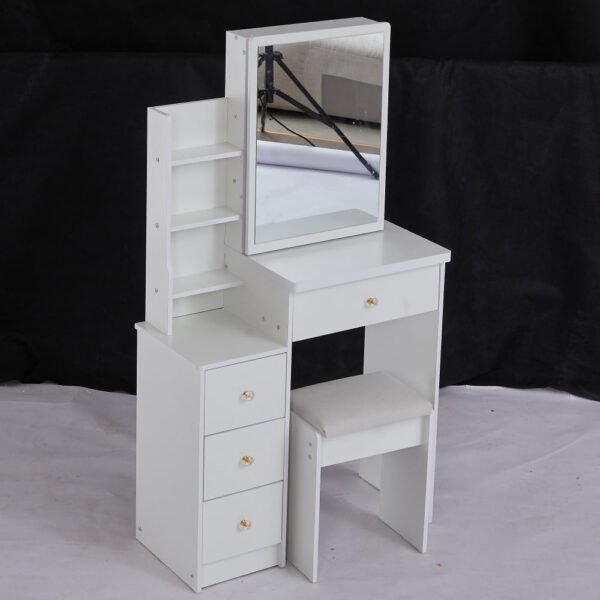 29.2" small space left bedside cabinet vanity table + cushioned stool, extra large right sliding mirror