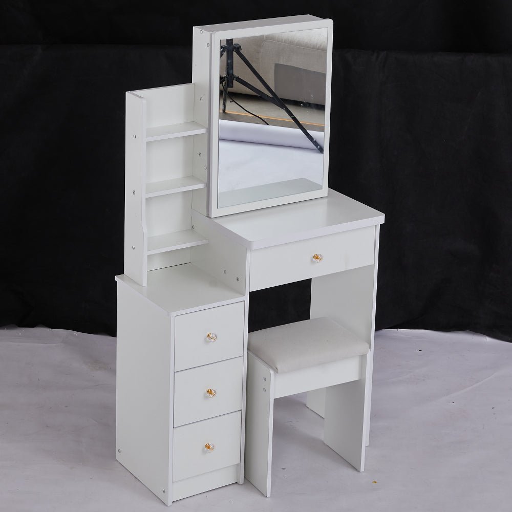 29.2" small space left bedside cabinet vanity table + cushioned stool, extra large right sliding mirror