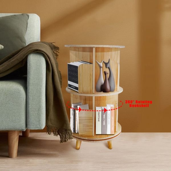 2 layer 360 rotation pine wood bookcase display rack and bookshelf