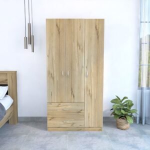clark three door armoire light oak/black wengue finish metal rod wardrobe collection