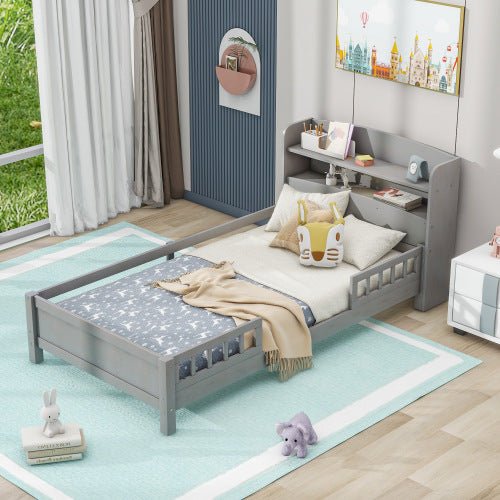 fcj contemporary twin size platform bed with led light storage headboard guardrail antique grey made of metal