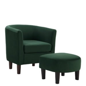 velvet accent chair with ottoman, modern barrel chair armchair for living room, green