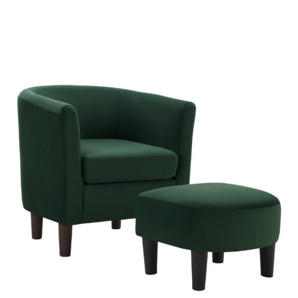 velvet accent chair with ottoman, modern barrel chair armchair for living room, green