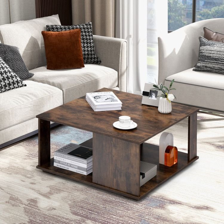 2 tiers square coffee table with non slip foot pads and storage space